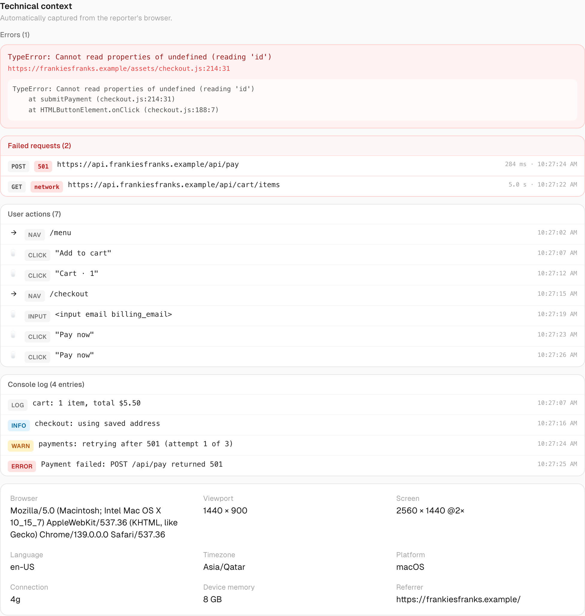 A report's Technical context section: a failed POST /api/pay request returning 501, a list of user-action breadcrumbs, a console log ending in a 'Payment failed' error, and a browser and environment grid